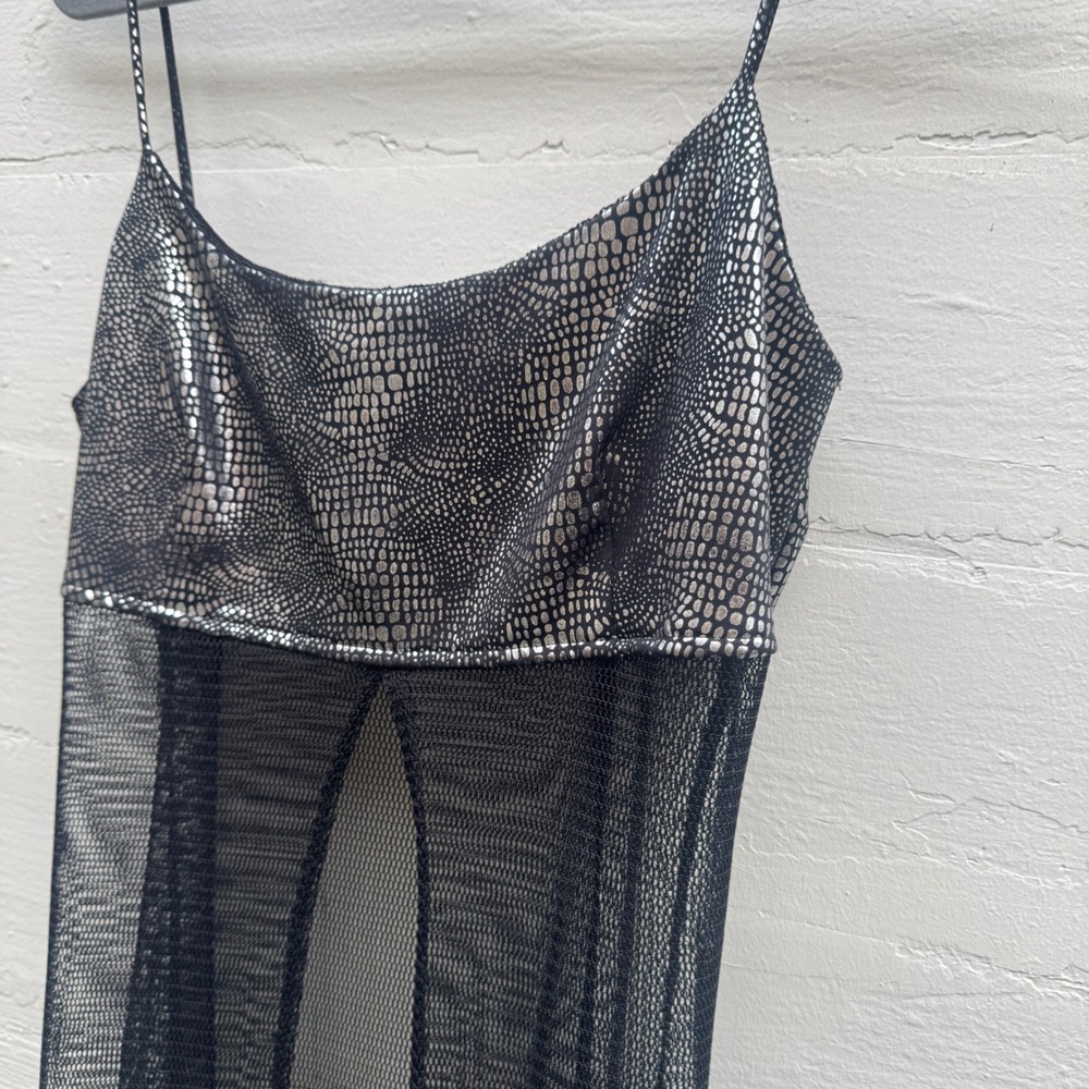 Goth Mesh Maxi Dress L Black Silver Y2K Metallic Rave Festival USA burning man